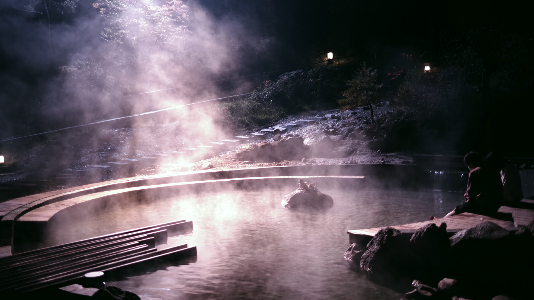 深夜の賽の河原公園で足湯する恋人の作例写真